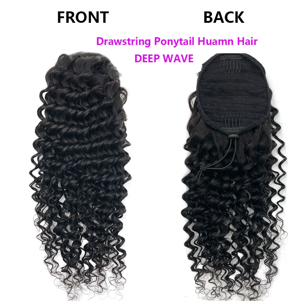 Deep Wave Ponytail Extensions Clip Drawstring Ponytail Natural Black Color 100% Human Hair With Thick Ponytail Hair 30 Inch