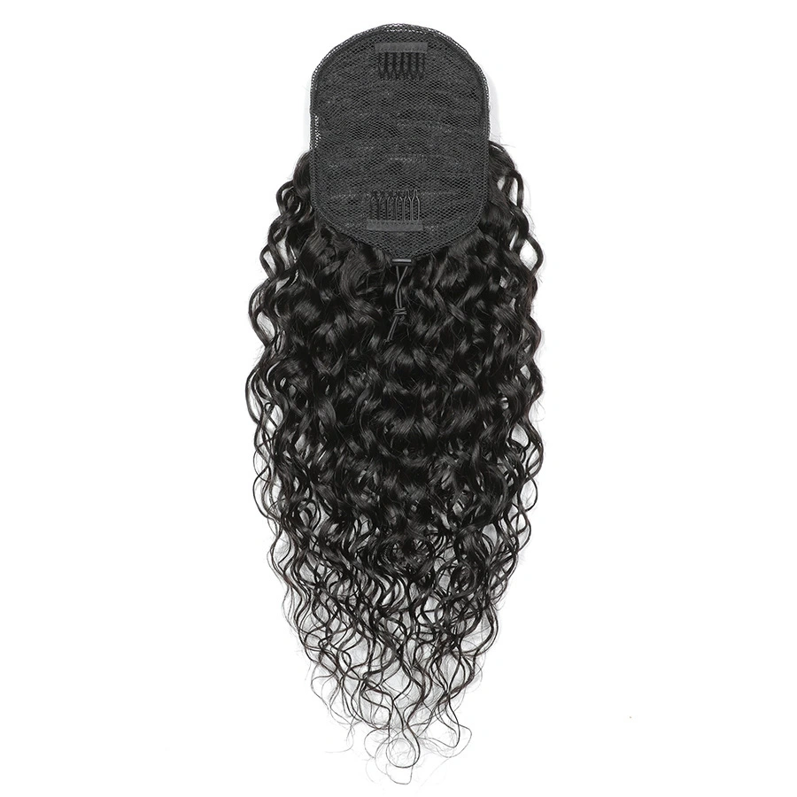 Water Wave Drawstring Ponytail Hair 100% Real Human Hair Extensions Brazilian Natural Black Hairpiece With Clip Ins Pony Tail