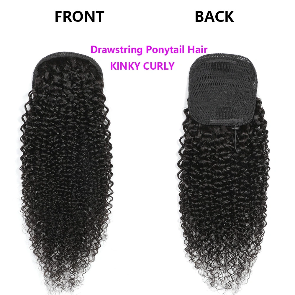 Natural Color Kinky Curly Drawstring Ponytail Human Hair Extensions Brazilian Remy Straight 100% Human Hair Ponytail With Clips