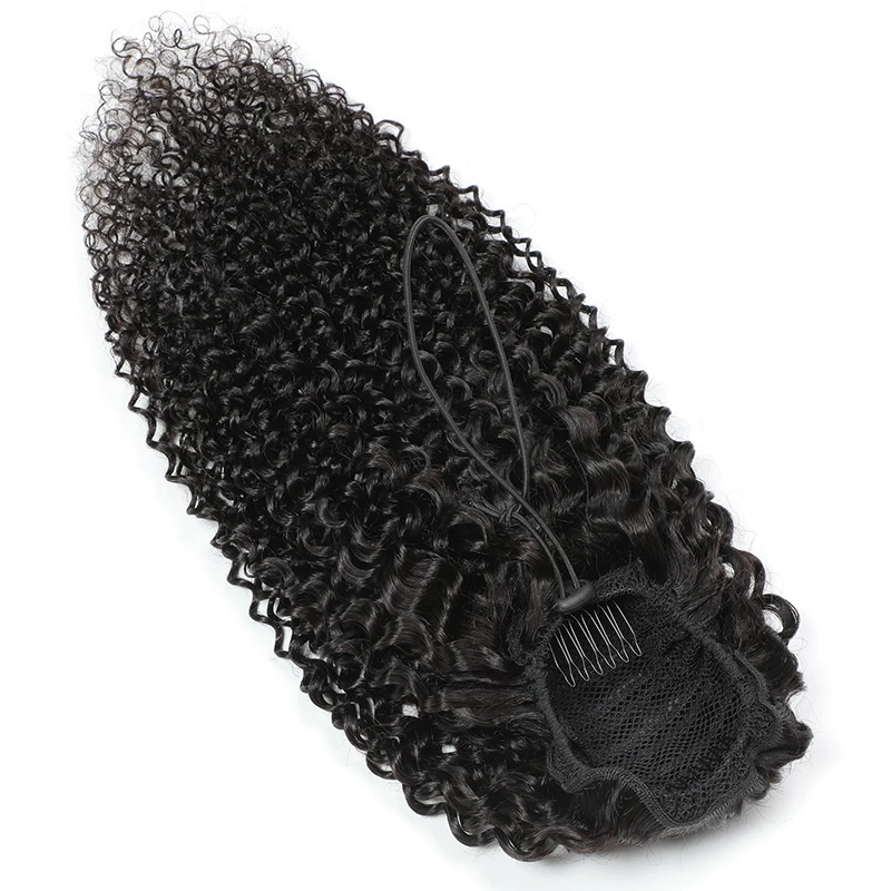 Natural Color Kinky Curly Drawstring Ponytail Human Hair Extensions Brazilian Remy Straight 100% Human Hair Ponytail With Clips