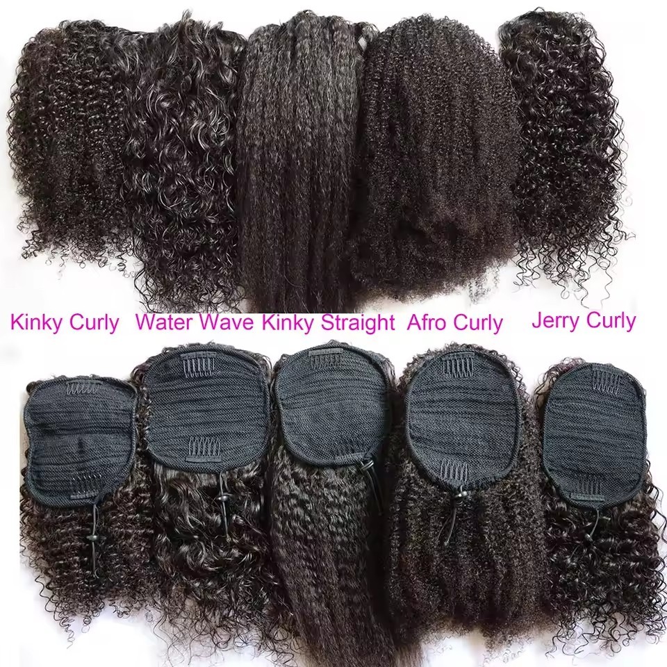 Natural Color Kinky Curly Drawstring Ponytail Human Hair Extensions Brazilian Remy Straight 100% Human Hair Ponytail With Clips