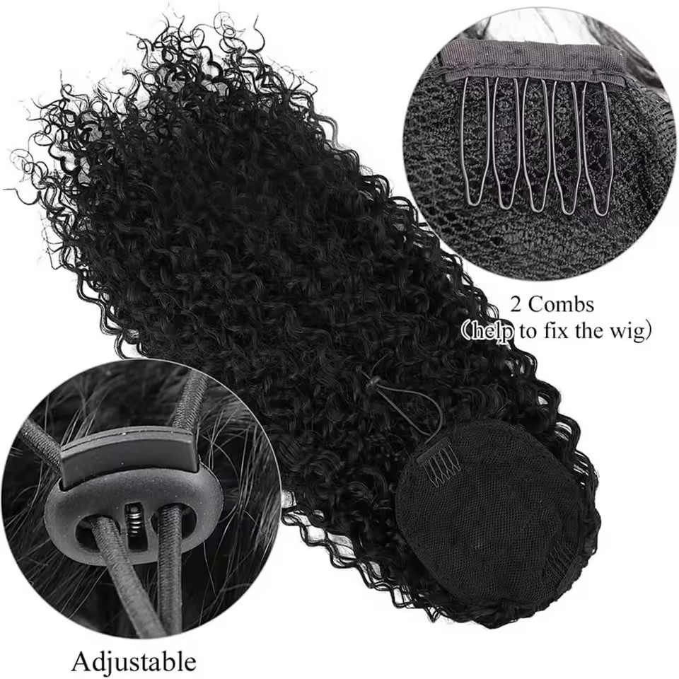 Natural Color Kinky Curly Drawstring Ponytail Human Hair Extensions Brazilian Remy Straight 100% Human Hair Ponytail With Clips