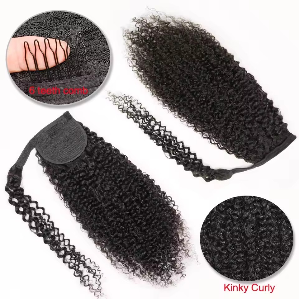 Kinky Curly 8-26Inch  Ponytail Human Hair Virgin  Wrap Around Ponytail Hair Extension For Women Hair Natural Color Hairpiece