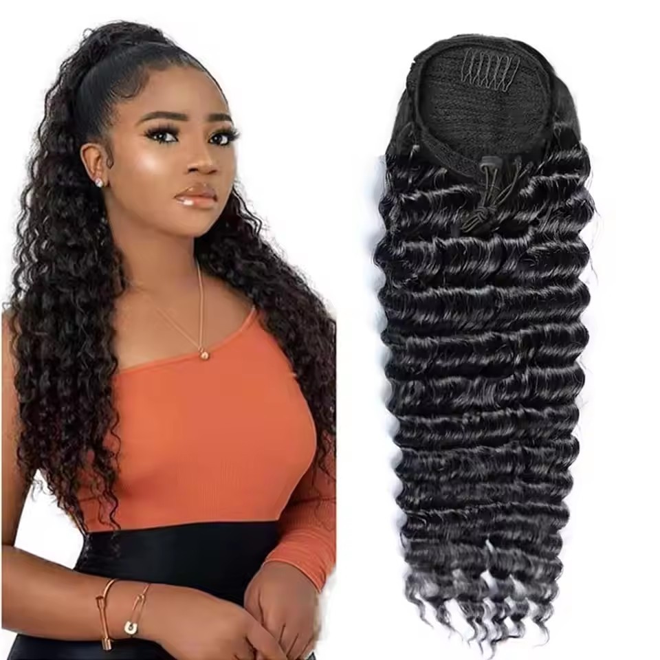 Deep Wave Ponytail Extensions Clip Drawstring Ponytail Natural Black Color 100% Human Hair With Thick Ponytail Hair 30 Inch
