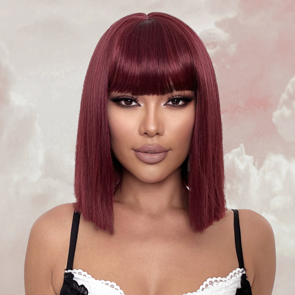 Short Straight Bob Synthetic Wigs  Natural Hair Wig with Bangs for Women Cosplay Cute Wig Heat Resistant Fiber