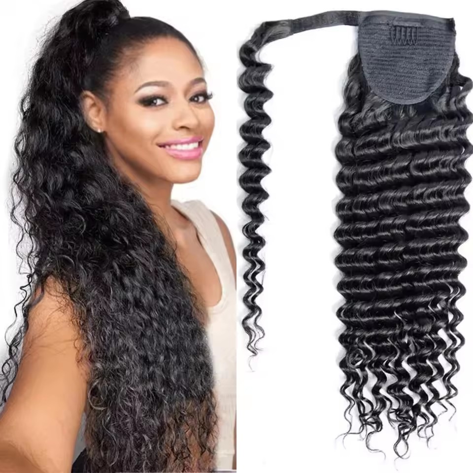 Deep Wave Wrap Around Clip In Ponytail Hair Extensions 100% Human Hair Extensions Magic Paste Wrap Around Ponytail Hair