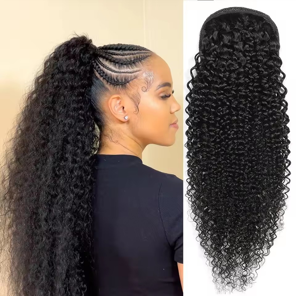 Natural Color Kinky Curly Drawstring Ponytail Human Hair Extensions Brazilian Remy Straight 100% Human Hair Ponytail With Clips