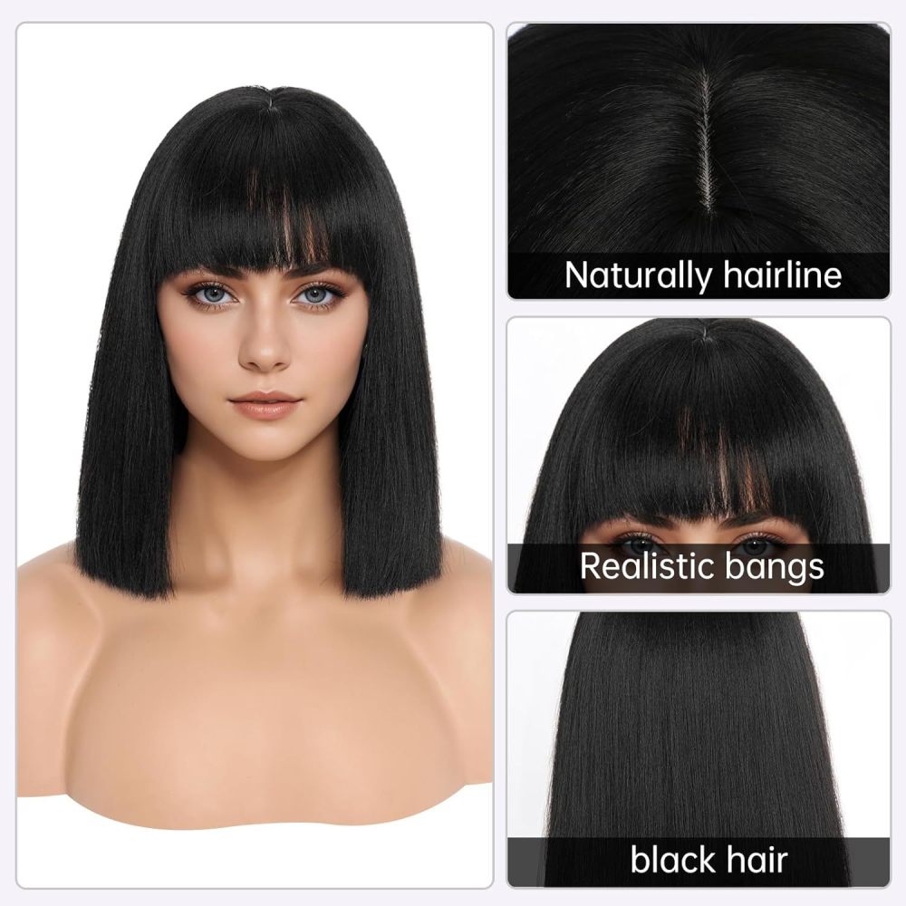 Short Straight Bob Synthetic Wigs  Natural Hair Wig with Bangs for Women Cosplay Cute Wig Heat Resistant Fiber