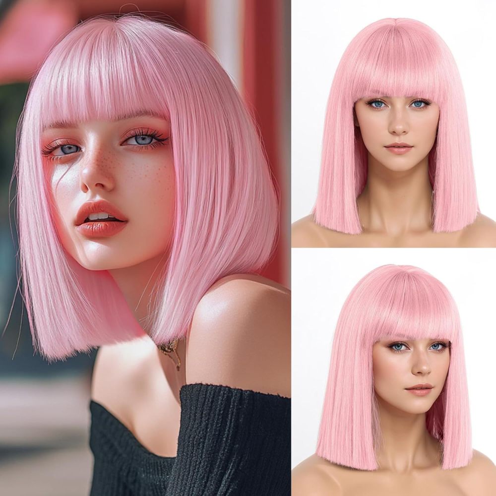 Short Straight Bob Synthetic Wigs  Natural Hair Wig with Bangs for Women Cosplay Cute Wig Heat Resistant Fiber