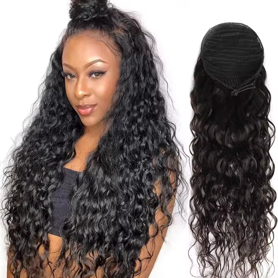 Water Wave Drawstring Ponytail Hair 100% Real Human Hair Extensions Brazilian Natural Black Hairpiece With Clip Ins Pony Tail