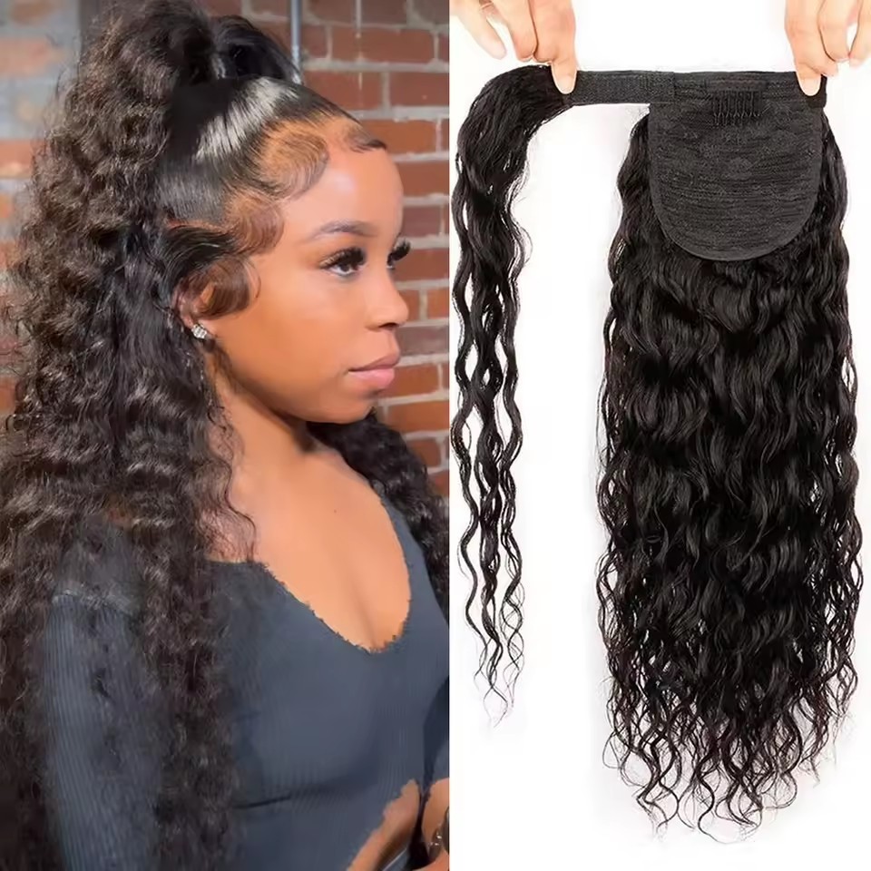 Water Wave Human Hair Wrap Around Ponytail Remy Hair Extensions Brazilian Remy Hair Pieces Natural Color For Women