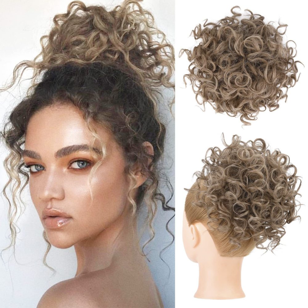 Messy Curly synthetic Hair Bun Scrunchies Extensions  Drawstring Ponytail Light Brown Large Thick Updo SyntheticHair Pieces For Women