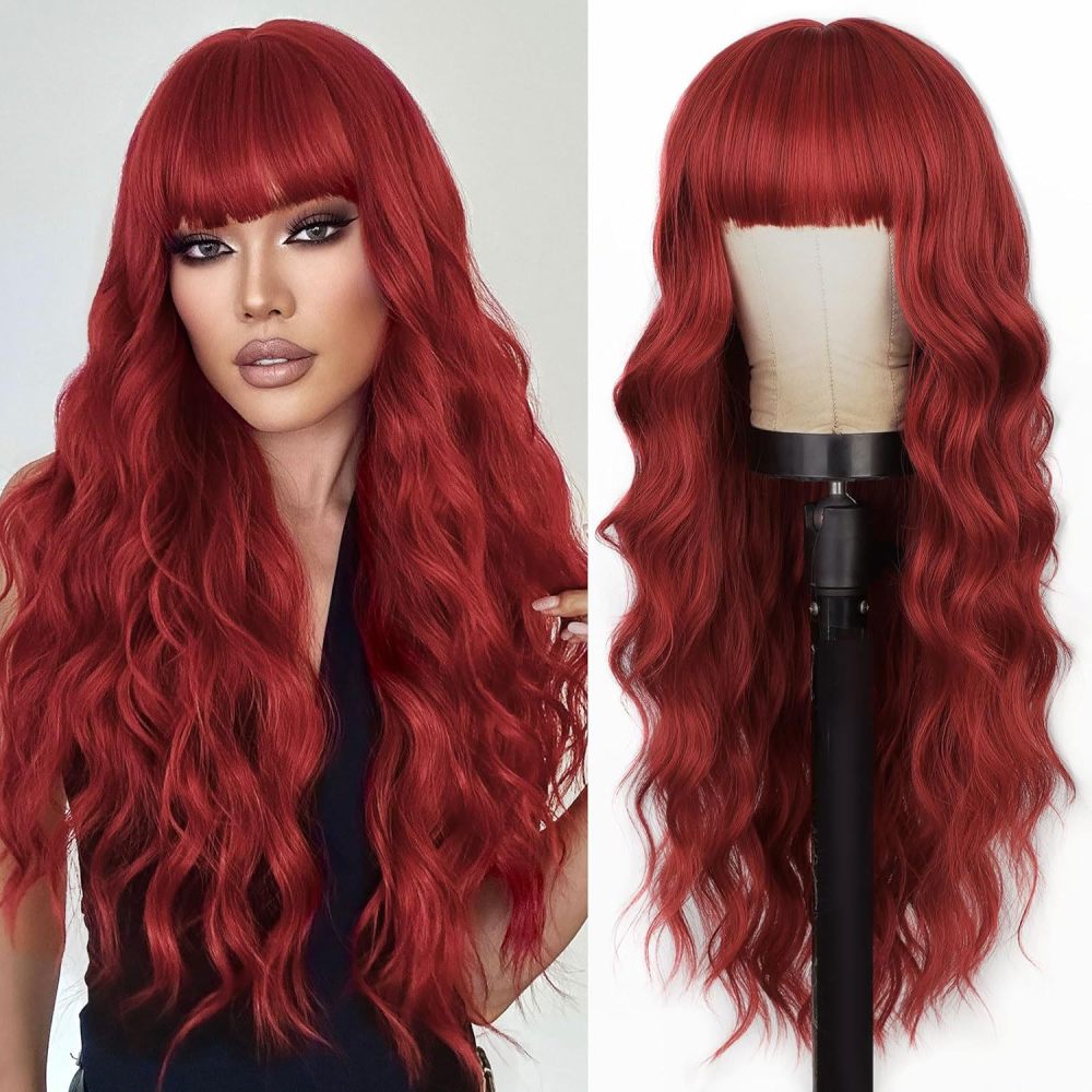 Synthetic 26 inch Long Wigs with Bangs for Women Curly Wavy Hair Wigs Heat Resistant Fiber Wigs for Daily Party Use