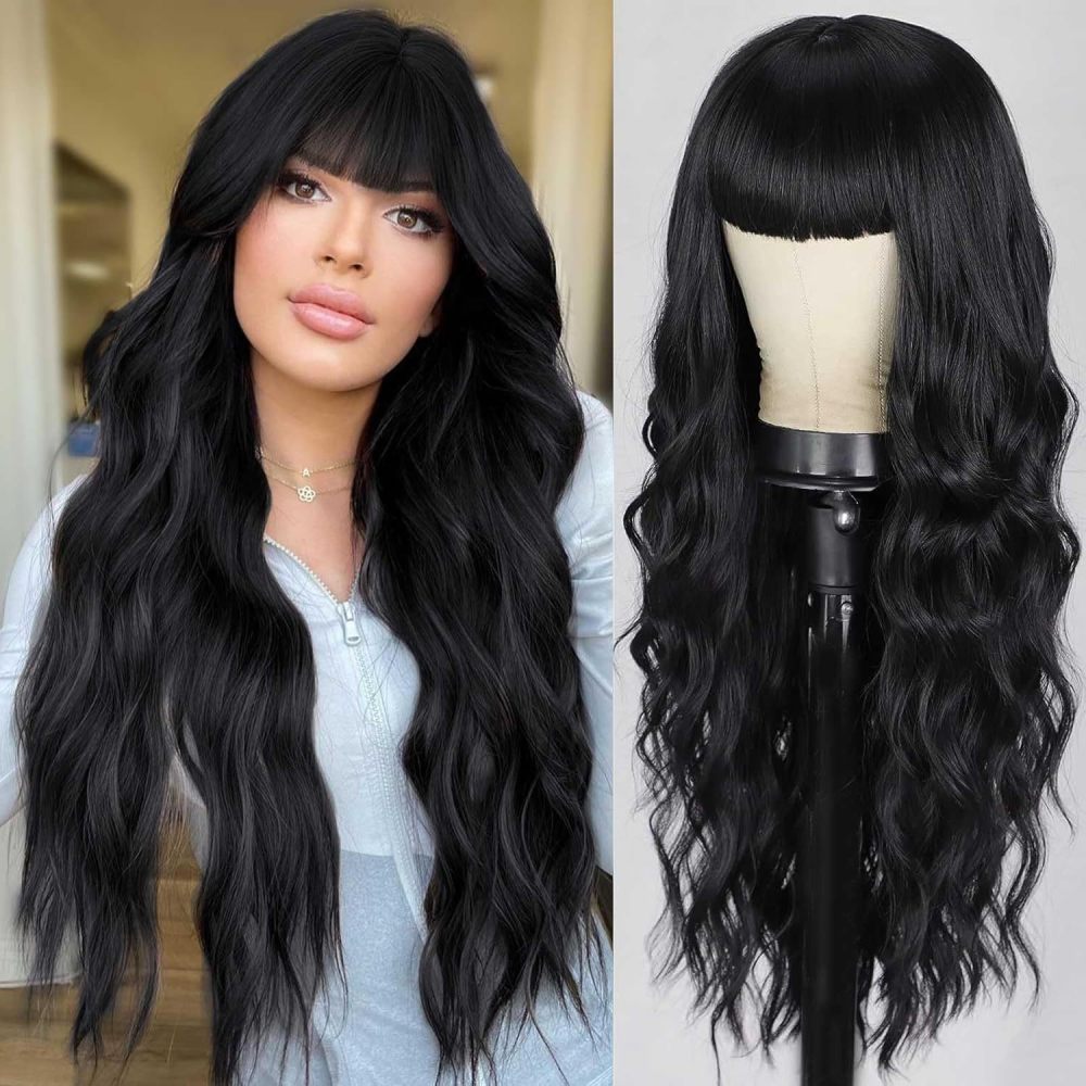 Synthetic 26 inch Long Wigs with Bangs for Women Curly Wavy Hair Wigs Heat Resistant Fiber Wigs for Daily Party Use