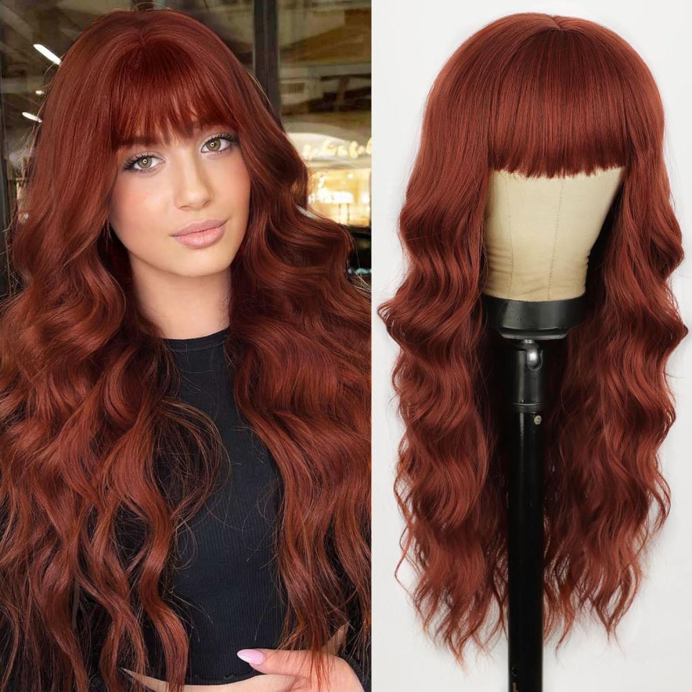 Synthetic 26 inch Long Wigs with Bangs for Women Curly Wavy Hair Wigs Heat Resistant Fiber Wigs for Daily Party Use