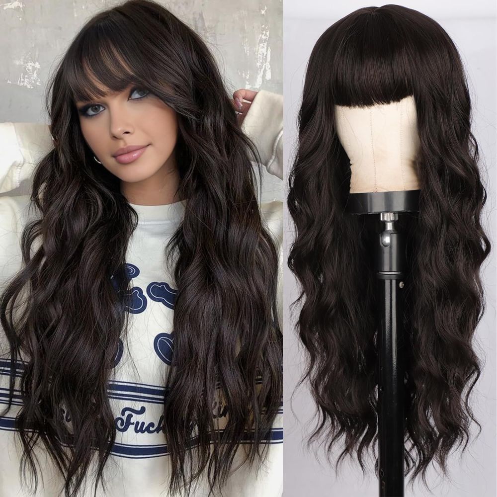 Synthetic 26 inch Long Wigs with Bangs for Women Curly Wavy Hair Wigs Heat Resistant Fiber Wigs for Daily Party Use