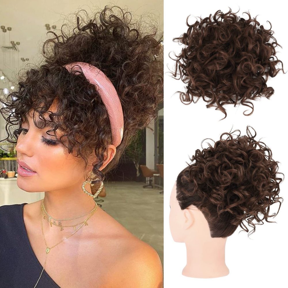 Messy Curly synthetic Hair Bun Scrunchies Extensions  Drawstring Ponytail Light Brown Large Thick Updo SyntheticHair Pieces For Women