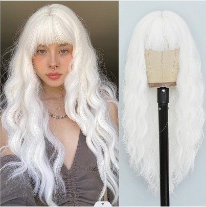 Synthetic 26 inch Long Wigs with Bangs for Women Curly Wavy Hair Wigs Heat Resistant Fiber Wigs for Daily Party Use