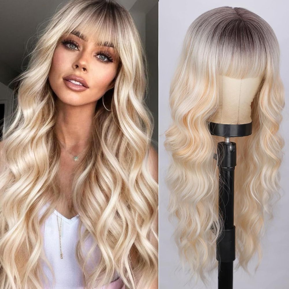 Synthetic 26 inch Long Wigs with Bangs for Women Curly Wavy Hair Wigs Heat Resistant Fiber Wigs for Daily Party Use