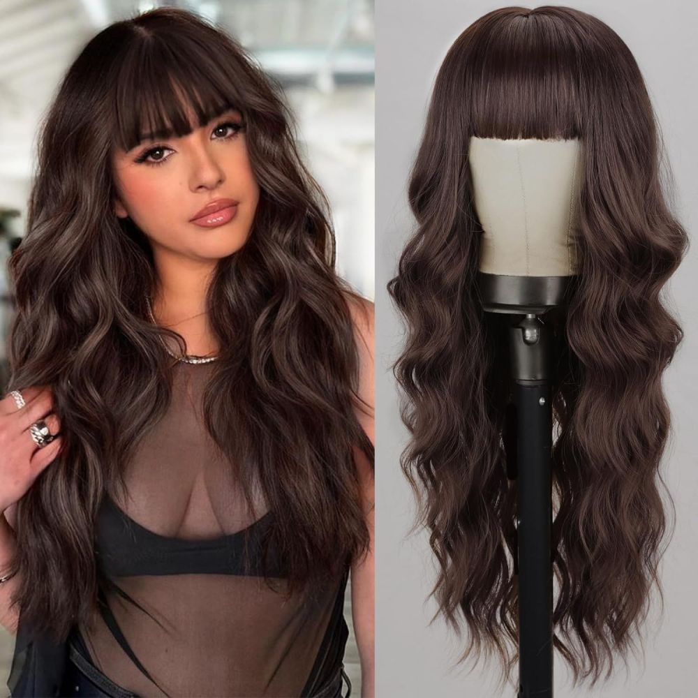 Synthetic 26 inch Long Wigs with Bangs for Women Curly Wavy Hair Wigs Heat Resistant Fiber Wigs for Daily Party Use