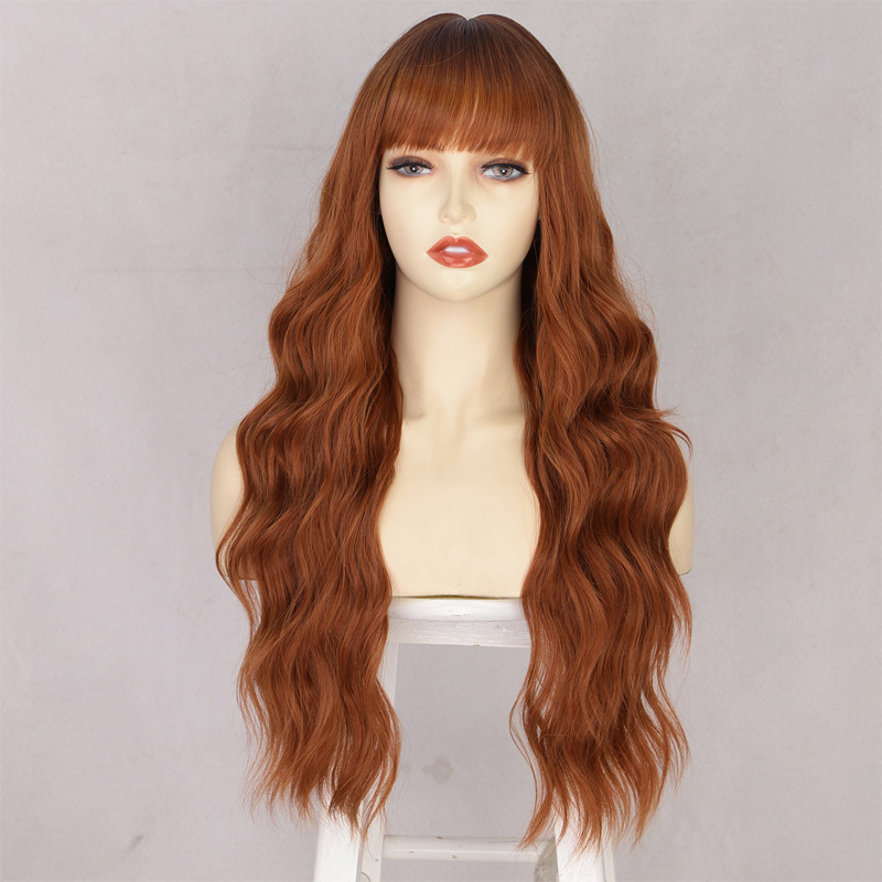 Synthetic 26 inch Long Wigs with Bangs for Women Curly Wavy Hair Wigs Heat Resistant Fiber Wigs for Daily Party Use