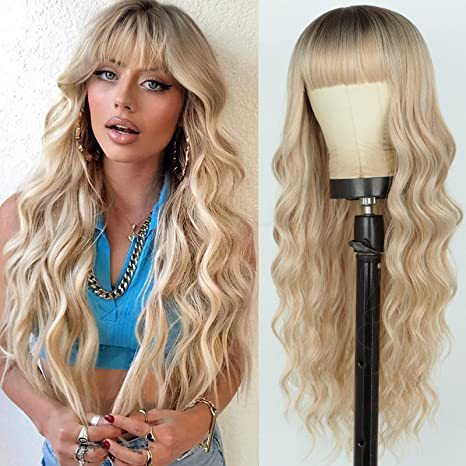 Synthetic 26 inch Long Wigs with Bangs for Women Curly Wavy Hair Wigs Heat Resistant Fiber Wigs for Daily Party Use
