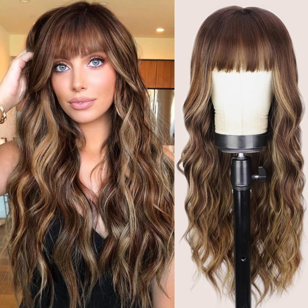 Synthetic 26 inch Long Wigs with Bangs for Women Curly Wavy Hair Wigs Heat Resistant Fiber Wigs for Daily Party Use