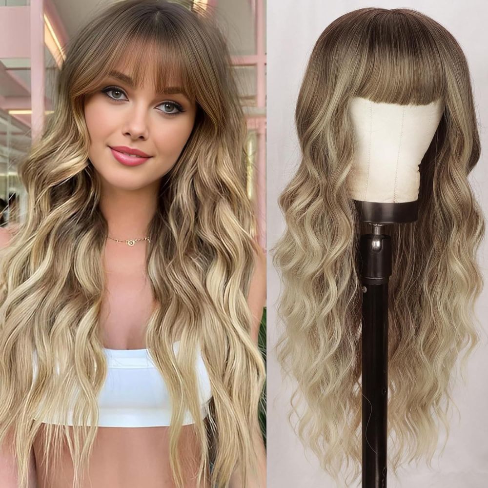 Synthetic 26 inch Long Wigs with Bangs for Women Curly Wavy Hair Wigs Heat Resistant Fiber Wigs for Daily Party Use