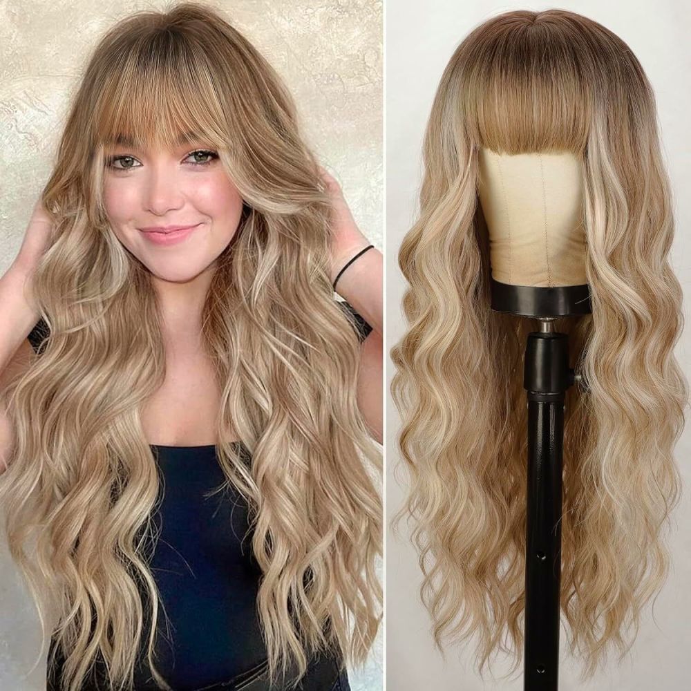 Synthetic 26 inch Long Wigs with Bangs for Women Curly Wavy Hair Wigs Heat Resistant Fiber Wigs for Daily Party Use