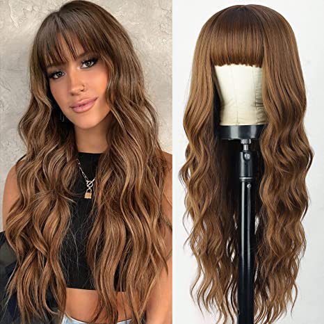 Synthetic 26 inch Long Wigs with Bangs for Women Curly Wavy Hair Wigs Heat Resistant Fiber Wigs for Daily Party Use