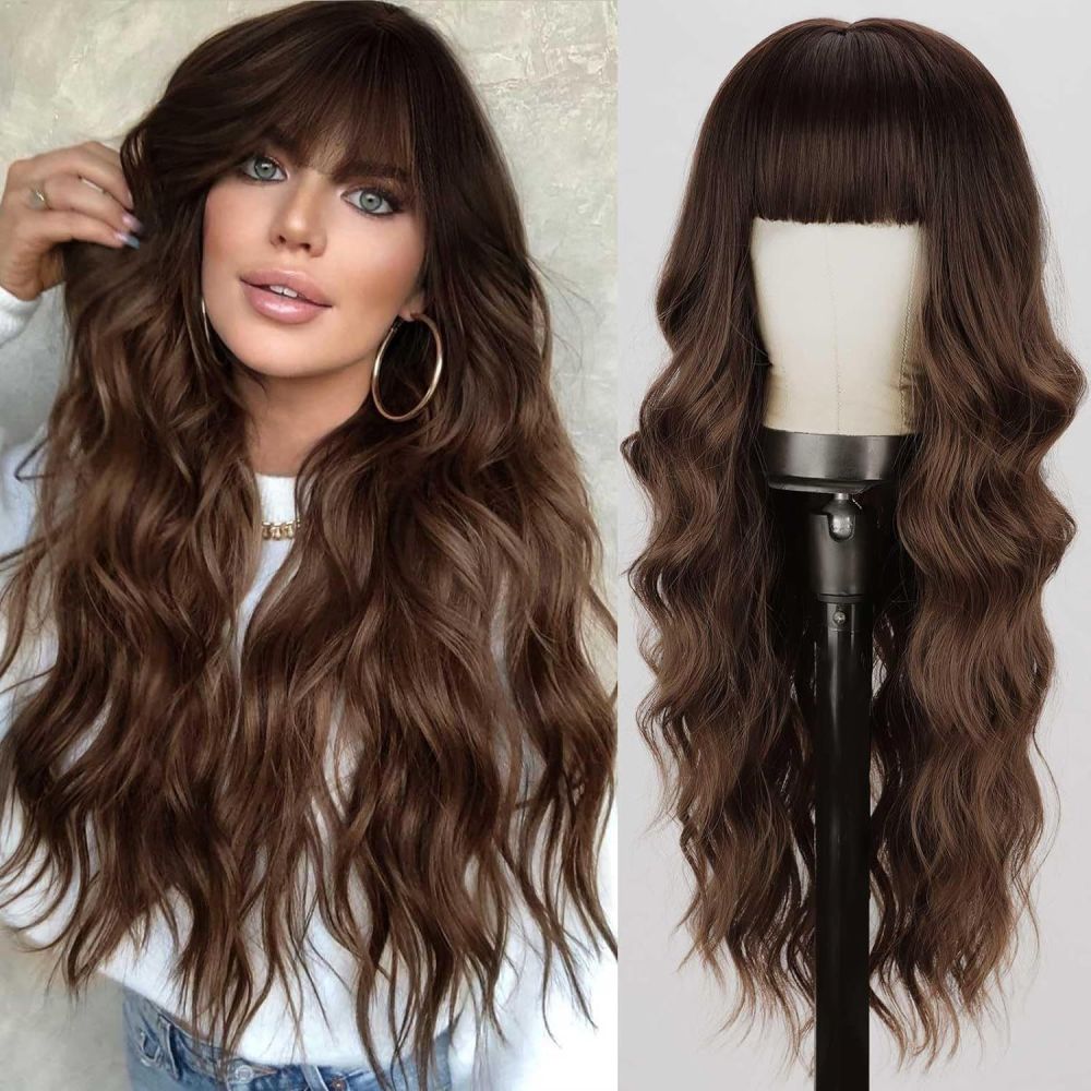 Synthetic 26 inch Long Wigs with Bangs for Women Curly Wavy Hair Wigs Heat Resistant Fiber Wigs for Daily Party Use