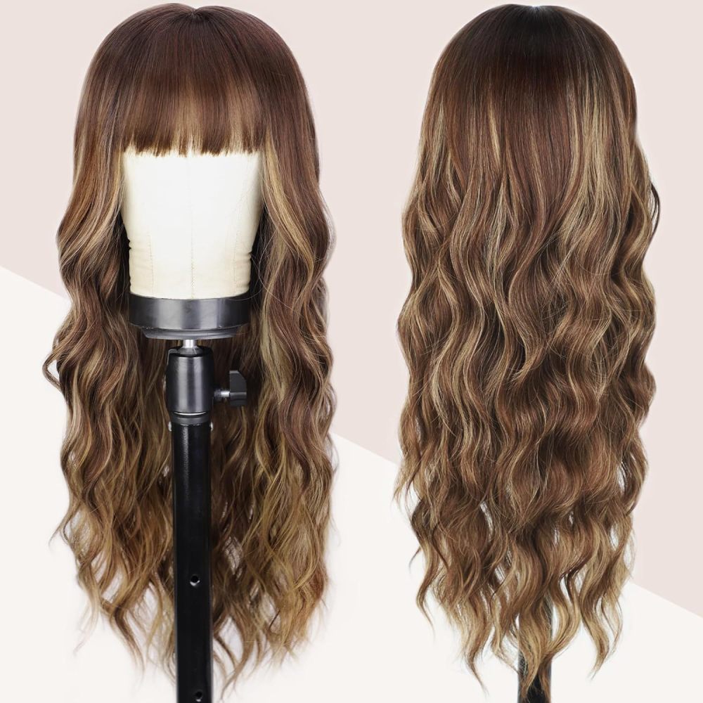 Synthetic 26 inch Long Wigs with Bangs for Women Curly Wavy Hair Wigs Heat Resistant Fiber Wigs for Daily Party Use