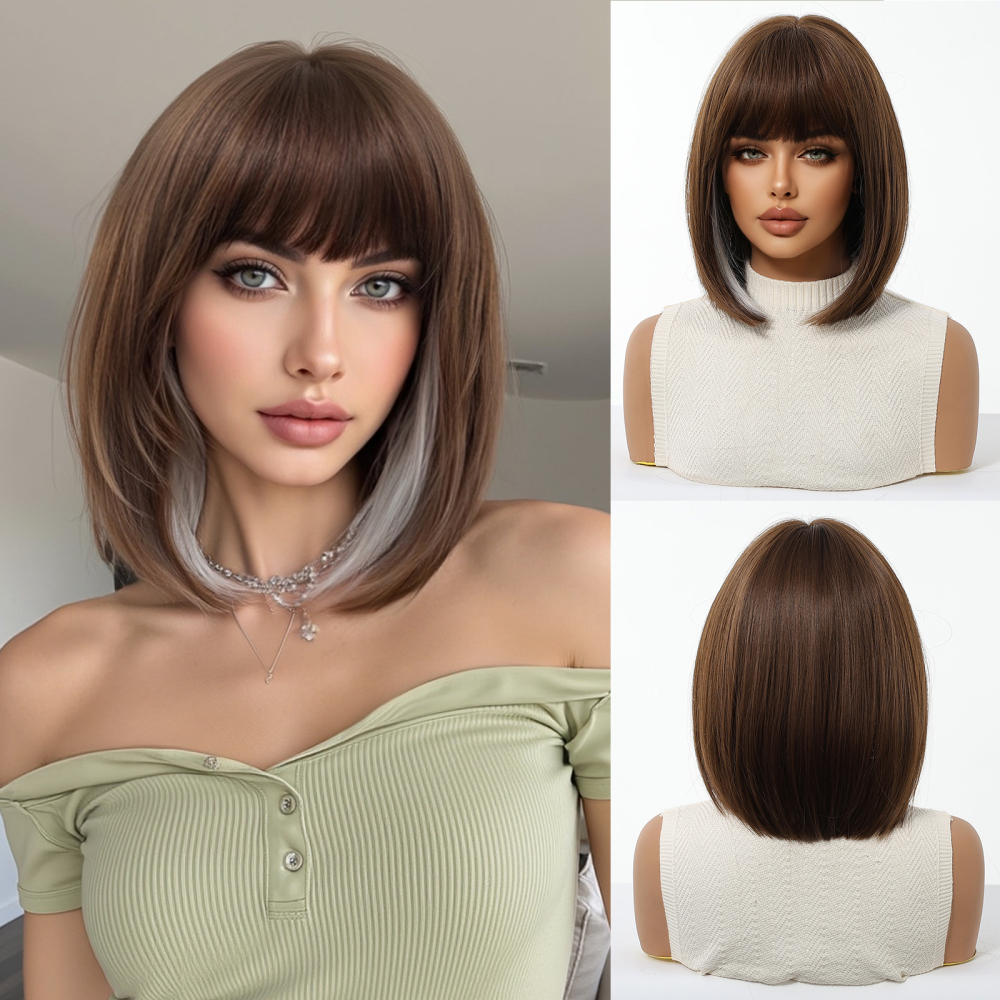 2025 Popular Brown Highlight Bob Wig Mixed Color Synthetic Hair for Women Natural Short Straight Wigs with Bangs High Temperature