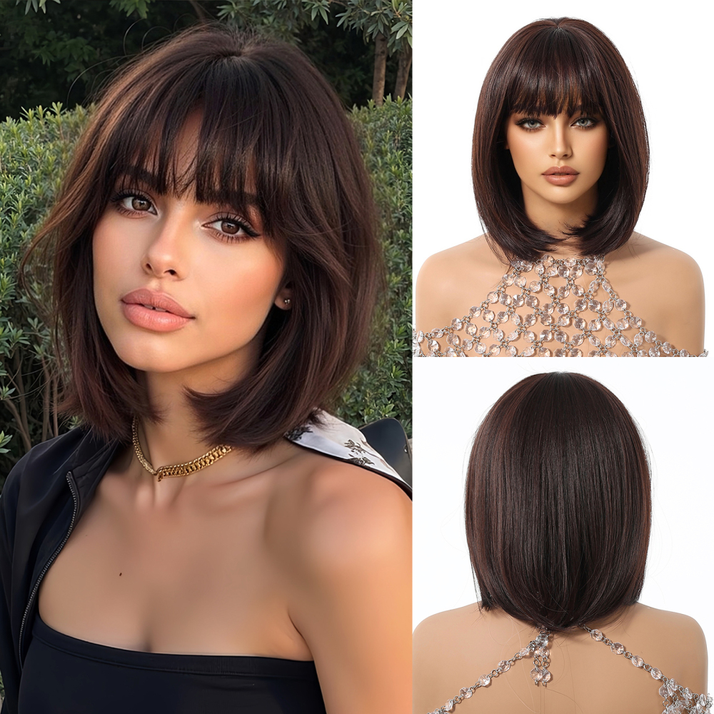 2025 Popular Brown Highlight Bob Wig Mixed Color Synthetic Hair for Women Natural Short Straight Wigs with Bangs High Temperature