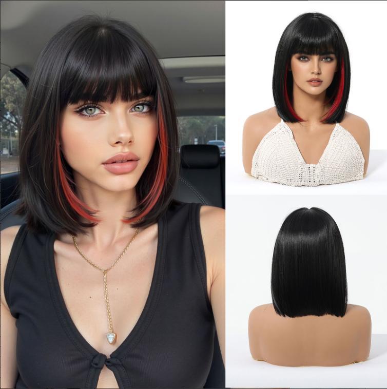 2025 Popular Brown Highlight Bob Wig Mixed Color Synthetic Hair for Women Natural Short Straight Wigs with Bangs High Temperature