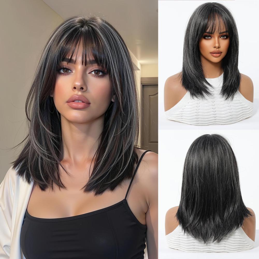 2025 Popular Brown Highlight Bob Wig Mixed Color Synthetic Hair for Women Natural Short Straight Wigs with Bangs High Temperature
