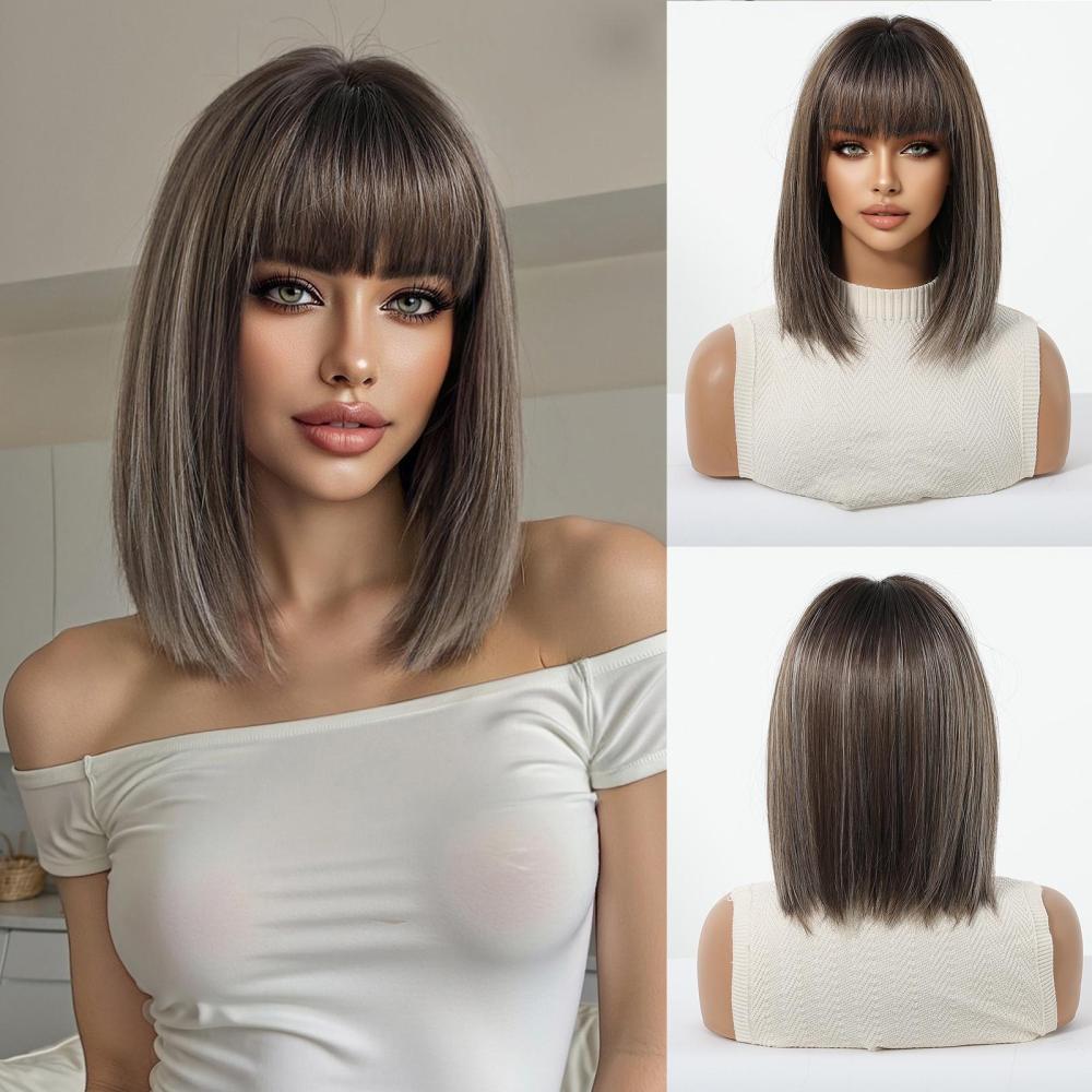 2025 Popular Brown Highlight Bob Wig Mixed Color Synthetic Hair for Women Natural Short Straight Wigs with Bangs High Temperature