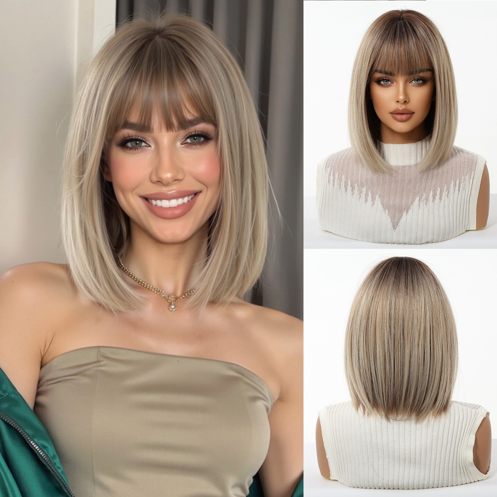 2025 Popular Brown Highlight Bob Wig Mixed Color Synthetic Hair for Women Natural Short Straight Wigs with Bangs High Temperature