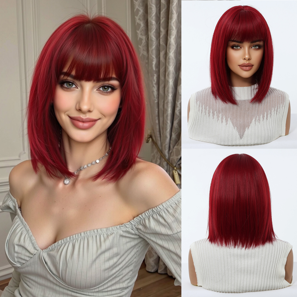 2025 Popular Brown Highlight Bob Wig Mixed Color Synthetic Hair for Women Natural Short Straight Wigs with Bangs High Temperature