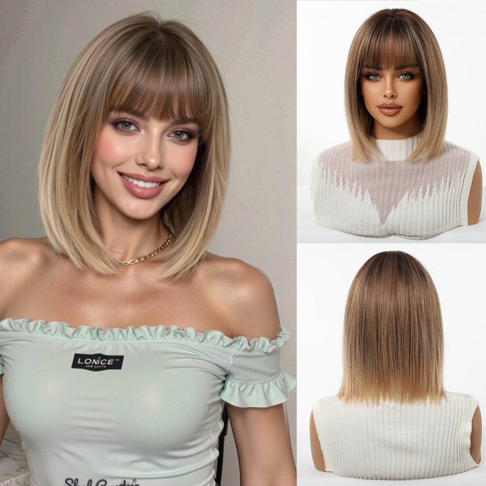 2025 Popular Brown Highlight Bob Wig Mixed Color Synthetic Hair for Women Natural Short Straight Wigs with Bangs High Temperature