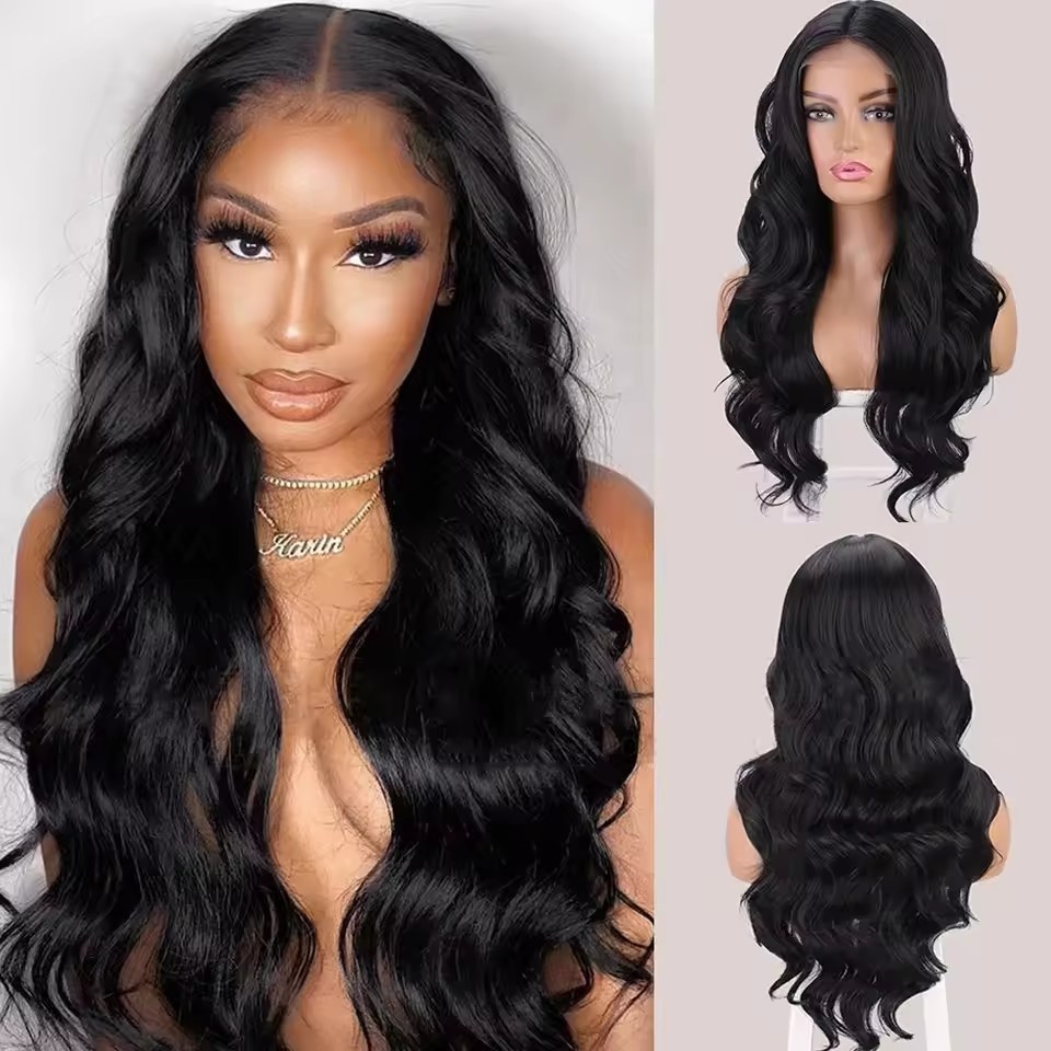 Long Wave Natural BLACK  Wigs Synthetic Lace Wigs for  Women Middle Part Wig Cosplay Hair Wavy Wig Party Wear Wigs Use