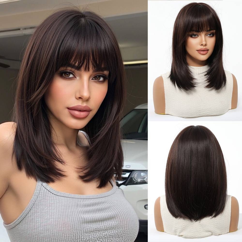 2025 Popular Brown Highlight Bob Wig Mixed Color Synthetic Hair for Women Natural Short Straight Wigs with Bangs High Temperature
