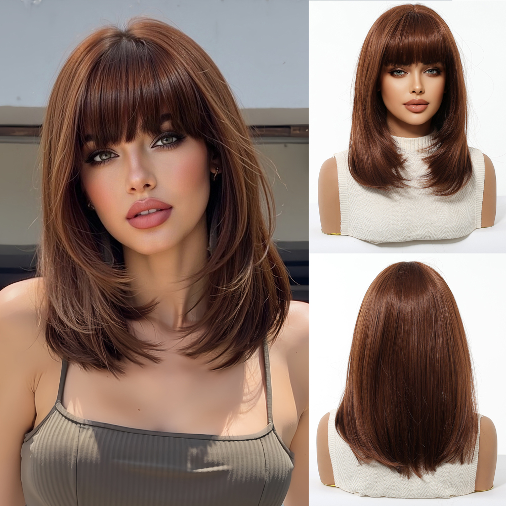 2025 Popular Brown Highlight Bob Wig Mixed Color Synthetic Hair for Women Natural Short Straight Wigs with Bangs High Temperature