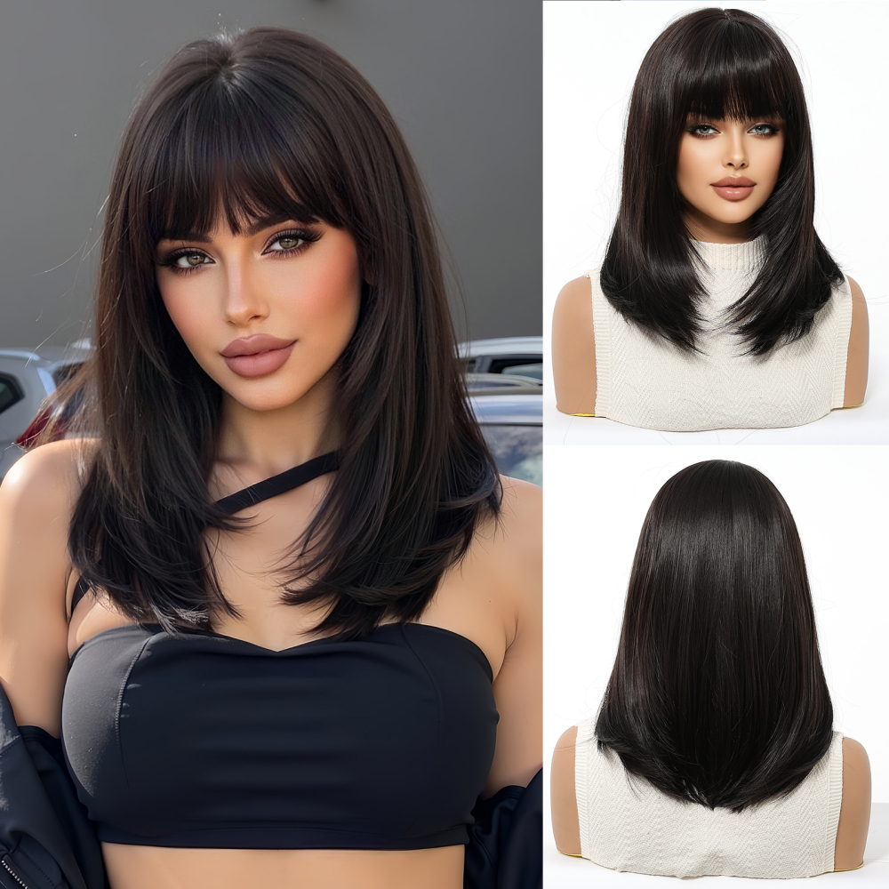 2025 Popular Brown Highlight Bob Wig Mixed Color Synthetic Hair for Women Natural Short Straight Wigs with Bangs High Temperature