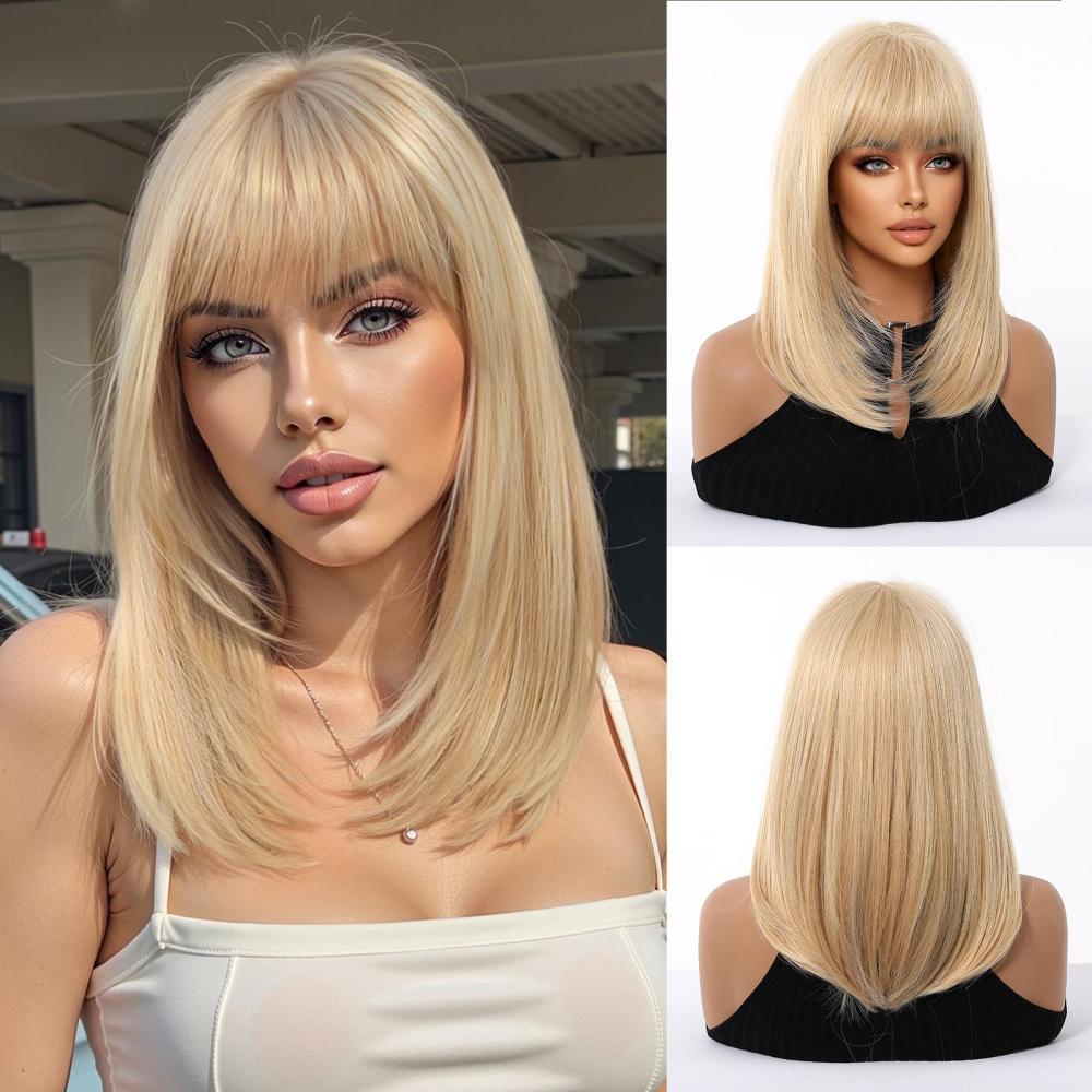 2025 Popular Brown Highlight Bob Wig Mixed Color Synthetic Hair for Women Natural Short Straight Wigs with Bangs High Temperature