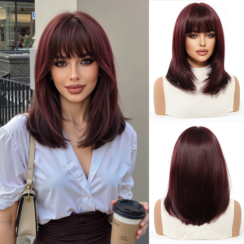 2025 Popular Brown Highlight Bob Wig Mixed Color Synthetic Hair for Women Natural Short Straight Wigs with Bangs High Temperature