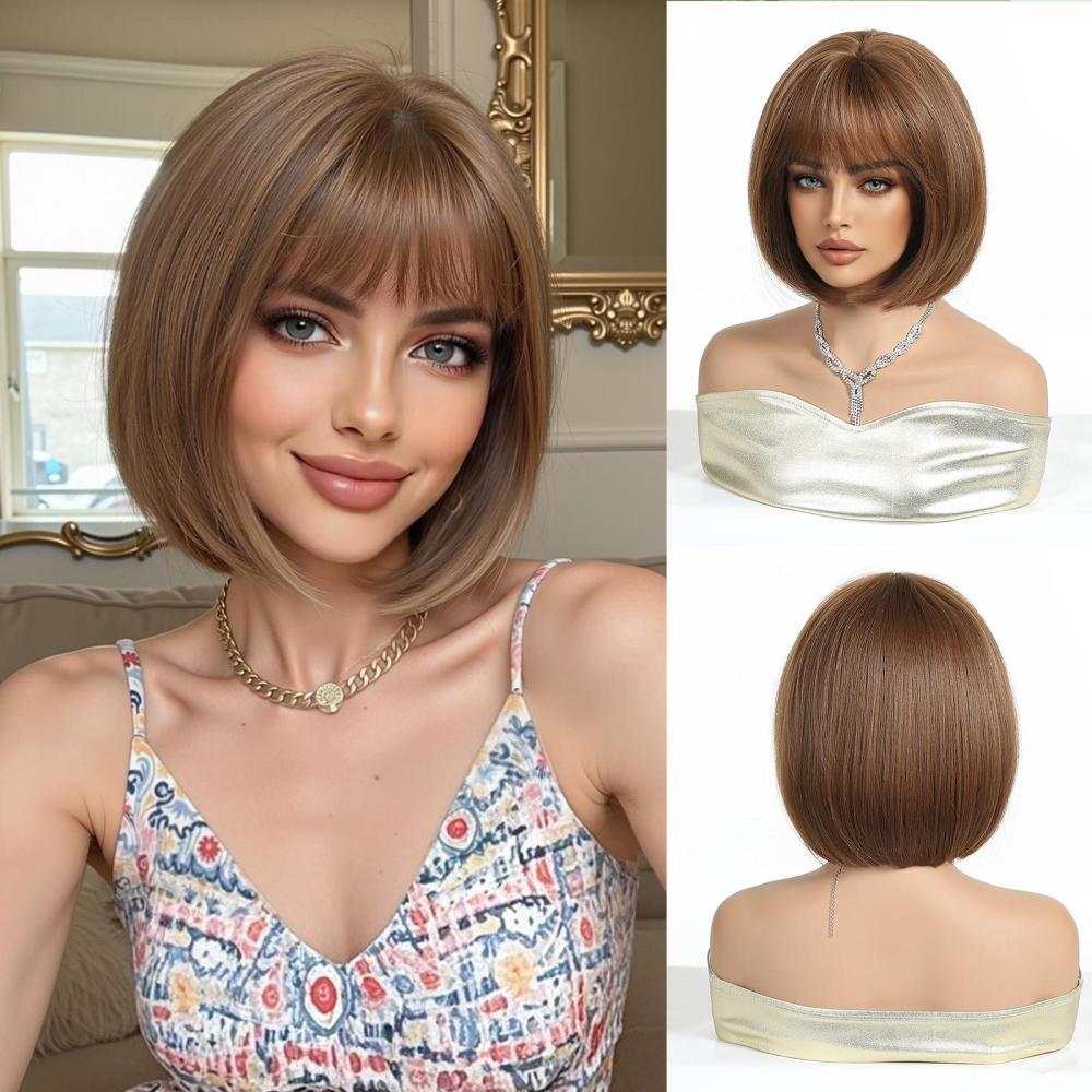 2025 New Short Blonde Bob Synthetic Wig with Bangs Synthetic Heat-Resistant Fiber Hairpiece For Daily Wear