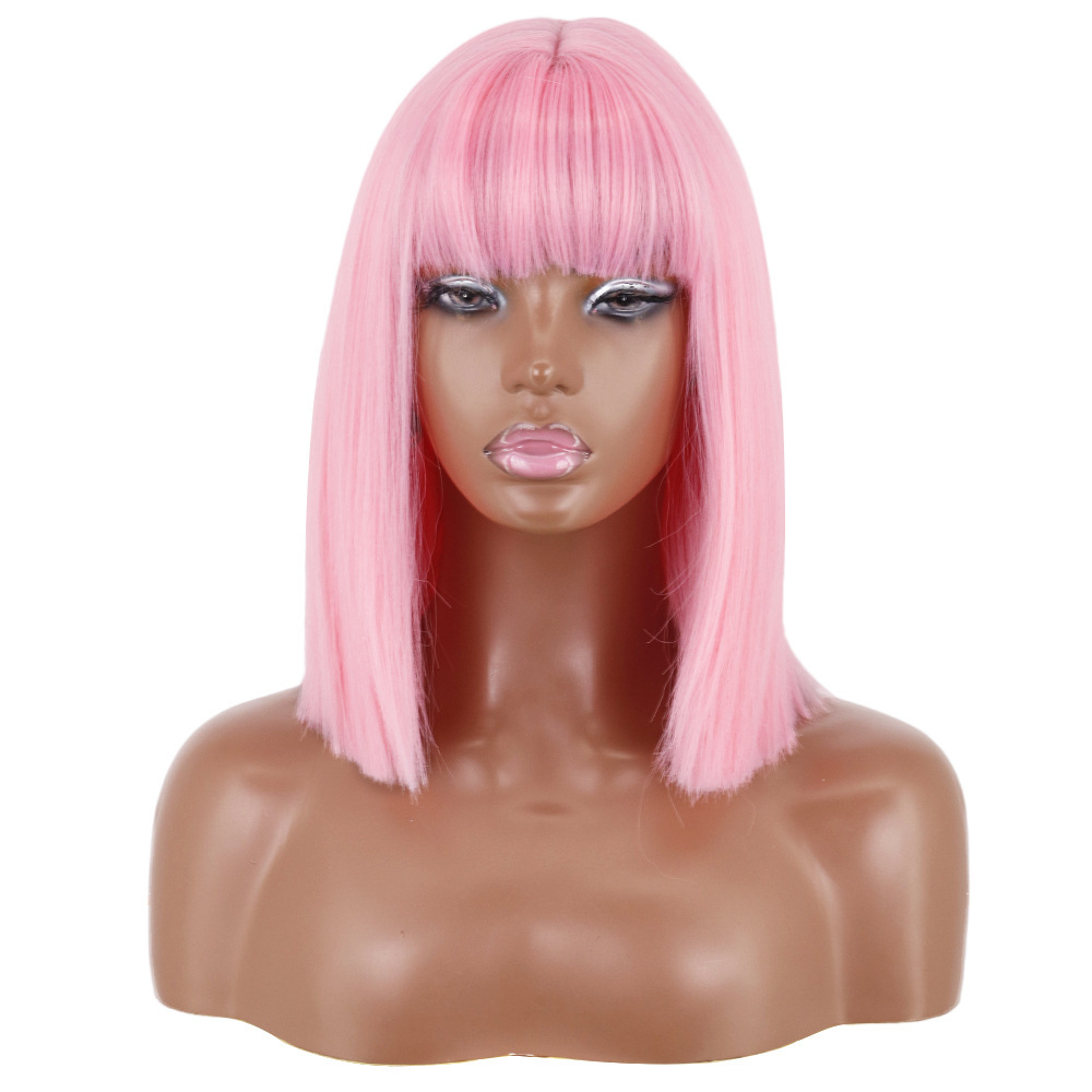 Short Bob Synthetic Wig With Bangs for Women Red Black Pink Blue Orange Fancy Wigs Heat Resistant Lolita Cosplay Party Wigs