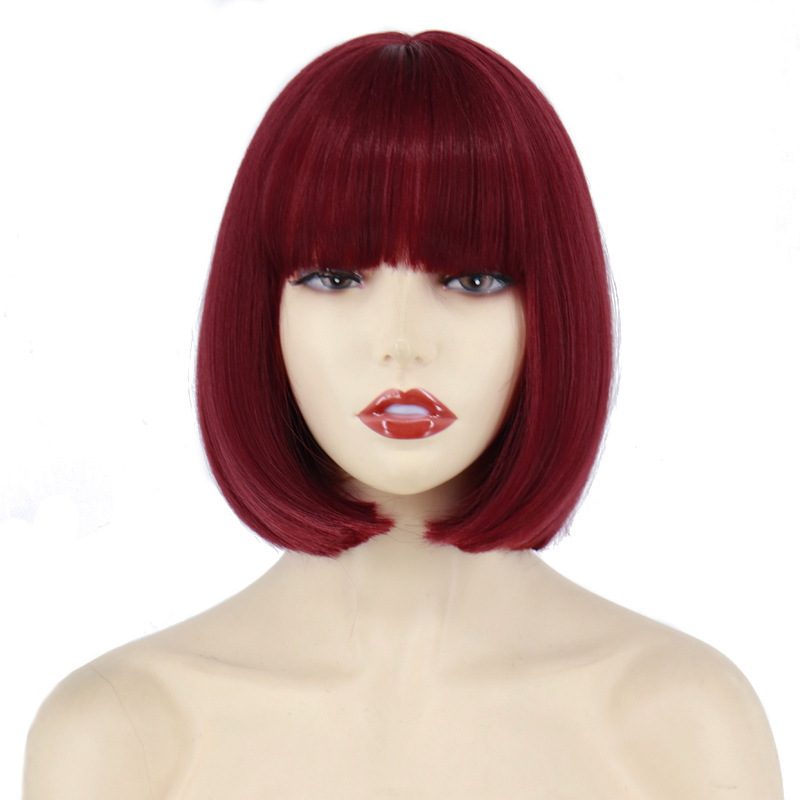 Synthetic Short Wine Red Bob Wigs for Women Burgundy Bob Wigs with Thick Bangs Heat Resistant Wigs