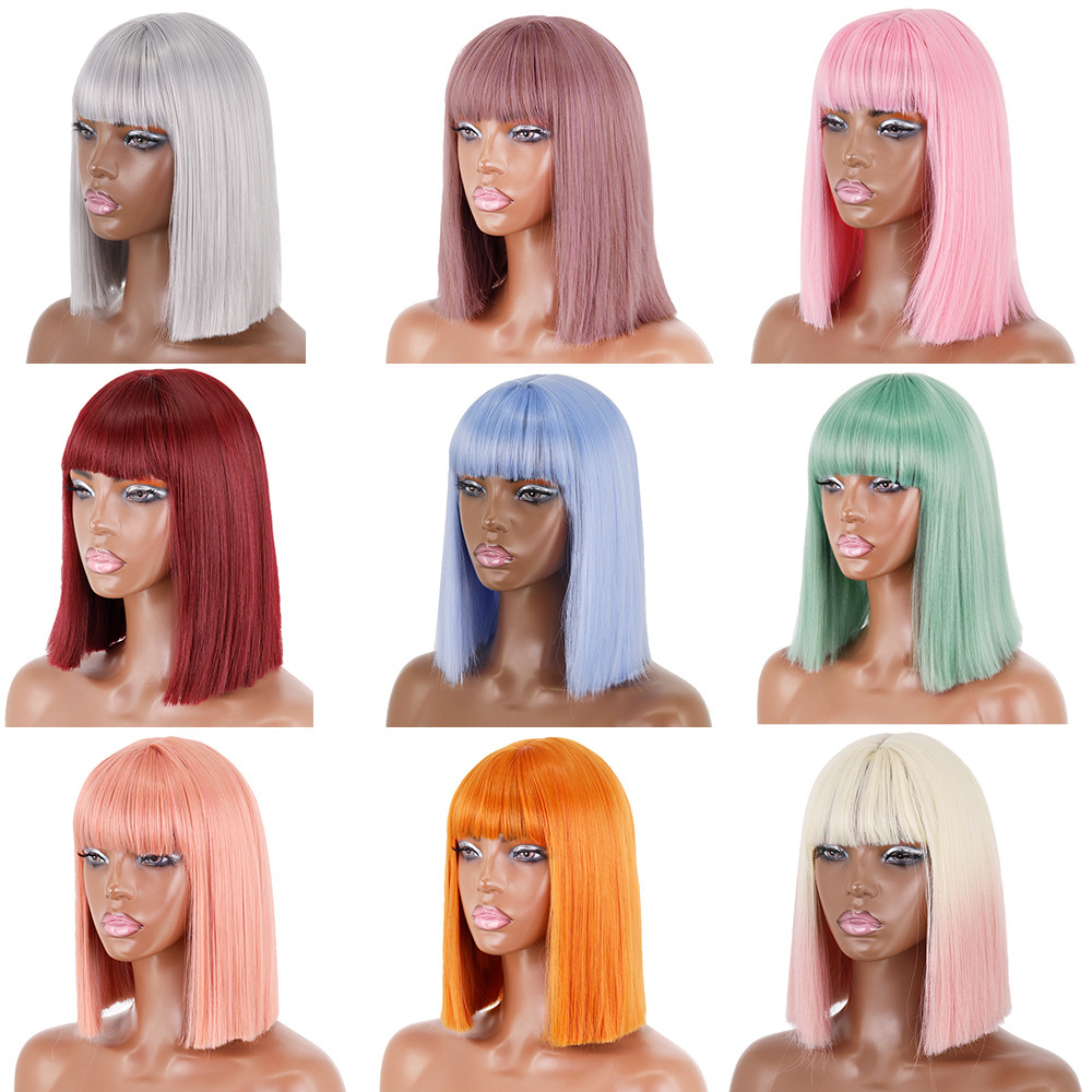 Short Bob Synthetic Wig With Bangs for Women Red Black Pink Blue Orange Fancy Wigs Heat Resistant Lolita Cosplay Party Wigs